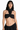 Top negro bandeau usado en variante cruzada al cuello con nudo frontal en busto.